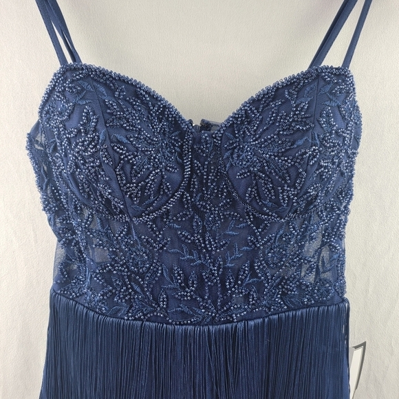 NWT B Darlin beaded corset fringe mini dress in slim blue Size 1/2 - Picture 6 of 8